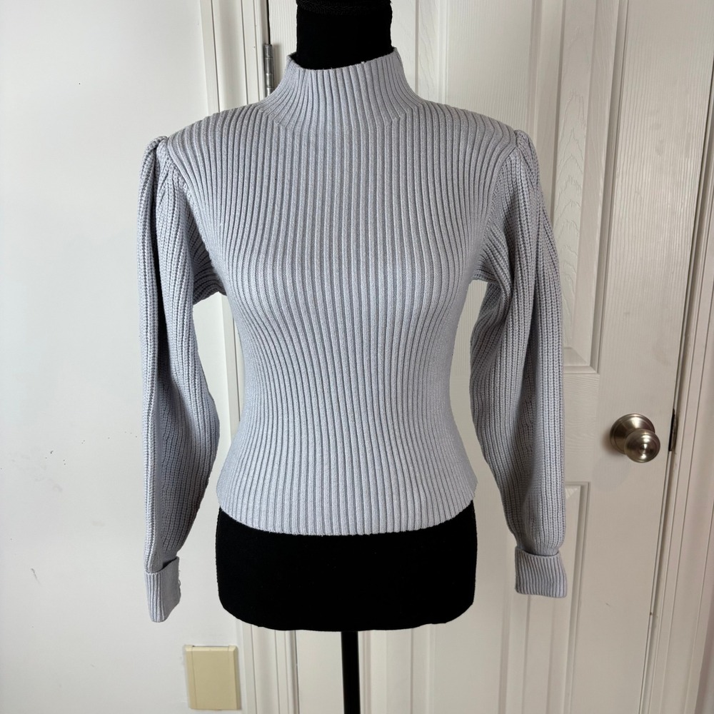 Zara Womens Mock Neck Puff Sleeve Ribbed Knit Sweater Powder Blue Small